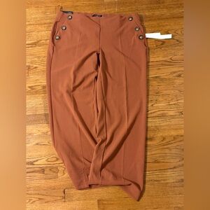 Rust Brown High-Waist Button Hem Pants